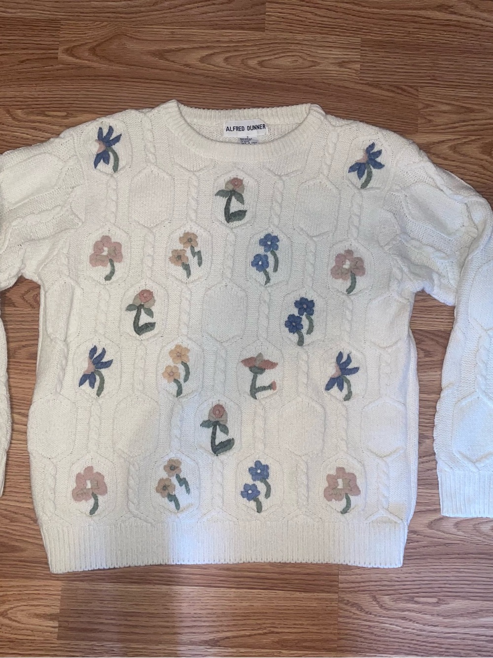 Alfred Dunner Cream Floral Cable-Knit Sweater